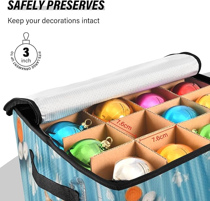 Kigai Bathroom Cat Christmas Ornament Storage Box with Zipper & Adjustable Dividers Holiday Ornament Organizer Xmas Storage Container, 64 Balls