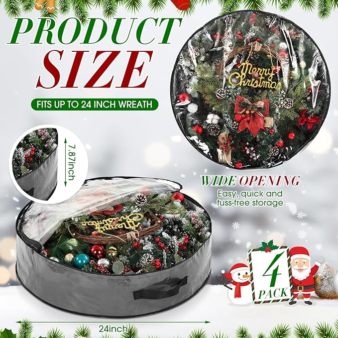 Aliceset 4 Pack Wreath Storage Containers, Ornament Garland Wreath Storage Bags with Handle Zipper Decorative Storages Box for Winter Valentine Wreaths(24 x 24 x 7.8 Inch,Gray)