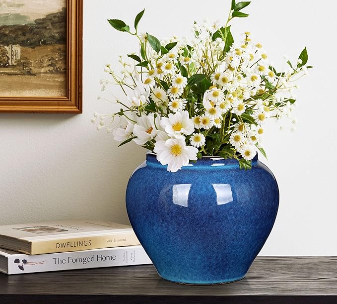 Hollyone Blue Vase Porcelain Ceramic Vase 7inch Flower Vases Classic Decorative Floral Vases for Bedroom Living Room Console Table Accent Shelf Tabletop Home Decor