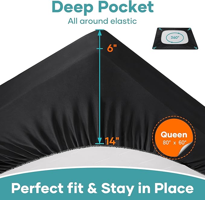 OhGeni 100% Waterproof Mattress Protector, Queen Black Size, Fitted Sheet with Deep Pockets, 6''-18'', Premium Noiseless Breathable Soft Material, Mattresses Cover for Bed