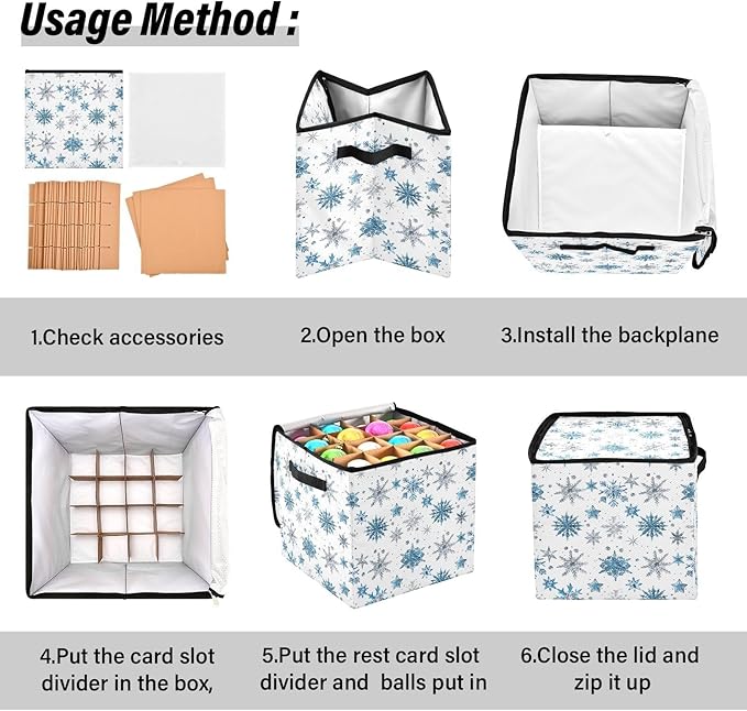 Blue Silver Snowflake Christmas Ornament Storage Basket Box Winter Xmas Holiday Storage Container Cube with Adjustable Dividers for 64 Holiday Ornaments or Decorations Keeps Clean and Dry