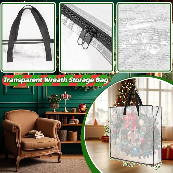 RAINFLOW Christmas Wreath Storage Container - Clear Moving Bags Heavy Duty With Zipper for Wreaths Clothes Gift Pillow Toy Plastic Storage Bag Supplies College Dorm Under Bed Storage(24 inch)