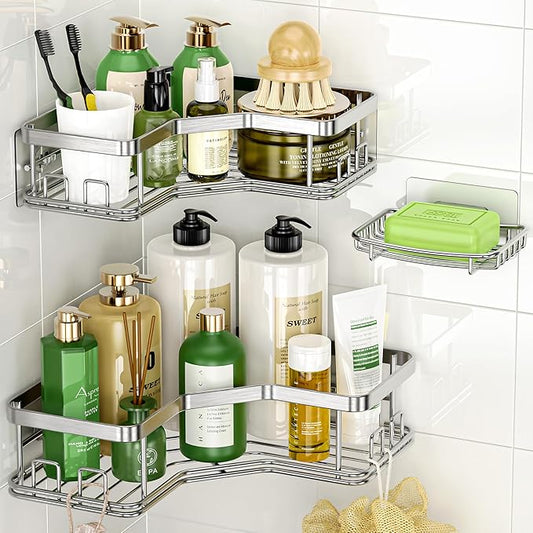 MAXIFFE 3 Pack X-Large Corner Shower Caddy with Soap Holder, Large Capacity Easy Install No Drilling Stainless Steel Sturdy Hold 40 LB Shower Organizer Shelves Rack for Family Renters Bathroom, Silver