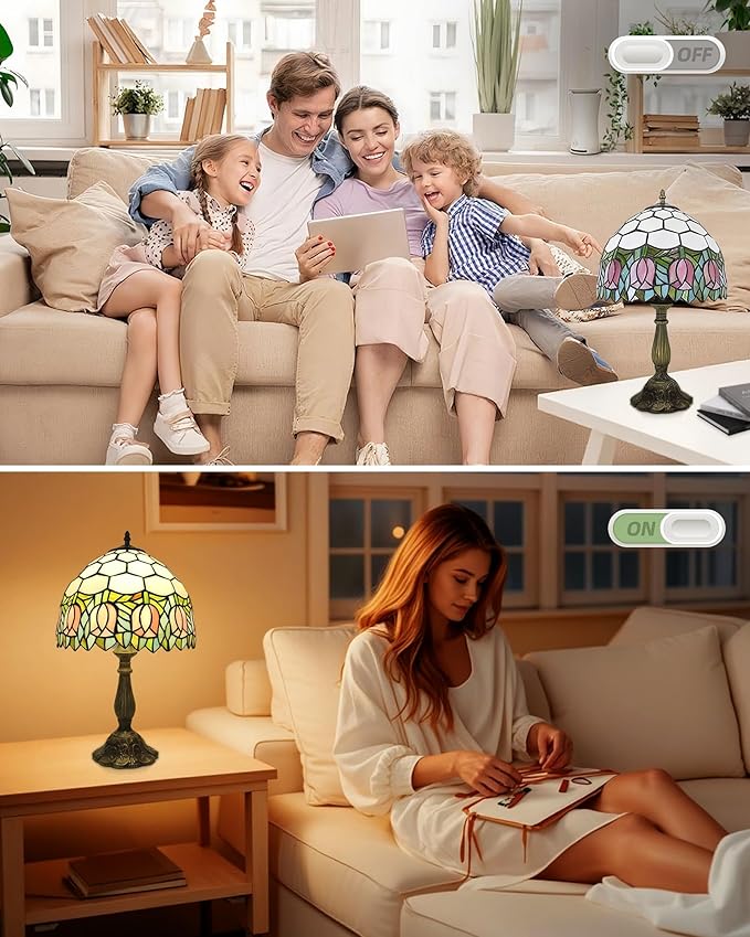 Tiffany Lamp Stained Glass Lamp Pink Tulip Bedroom Table lamp Reading Desk Light for Bedside Living Room Office Dormitory Dining Room Decorate Housewarming Gift 12X12X18 Include Light Bulb