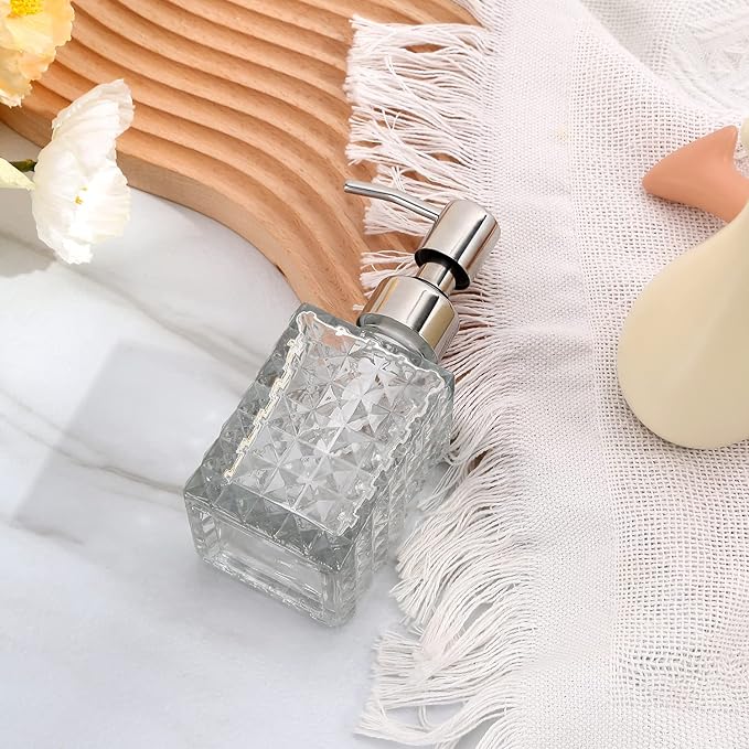 YunNasi Soap Dispenser with Stainless Steel Pump, Clear Crystal Design, Vintage and Elegant, Refillable Liquid Hand Soap Dish Soap Dispensers for Bathroom Counter, Kitchen Sink (Style 4)