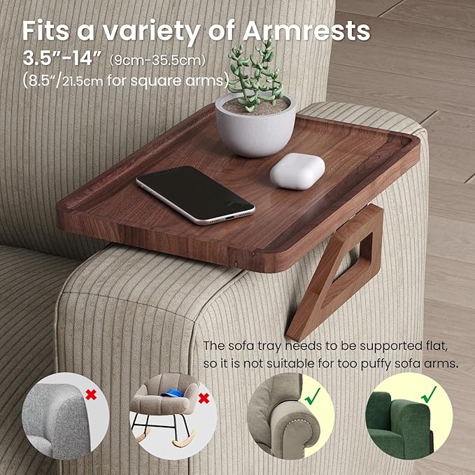 Walnut Wood Couch Arm Tray,Couch Trays,Folding Sofa Armrest Tray,Couch Arm Table Clip-On Couch Desk for Drinks, Snacks,Phone,Remote Control