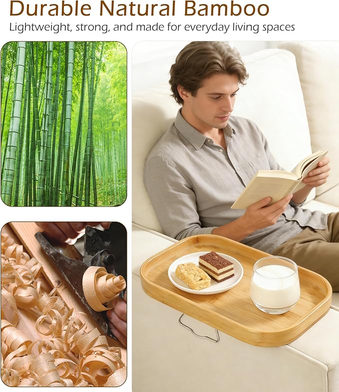 Sofa Arm Tray Table, Bamboo Couch Armrest Tray Clip-On with Adjustable Width Support Leg, Non-Slip Silicone Pads & Scratch Protection, Couch Side Table for Drinks, Snacks, Remote