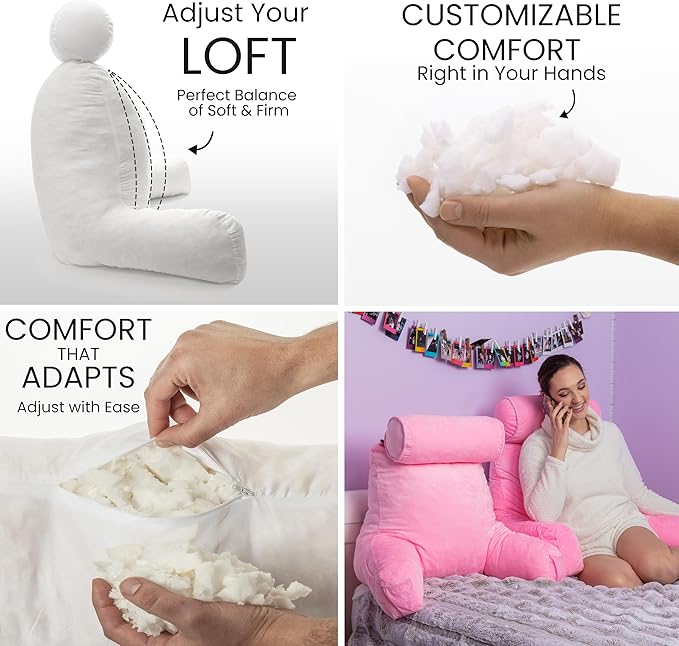 Husband Pillow Medium Reading Pillow with Arms - 23" Backrest for Sitting Up in Bed - Firm Support Bed Rest Pillow for Adults, Neck Roll, Removable Cover - TV, Reading, Lounging - Pink