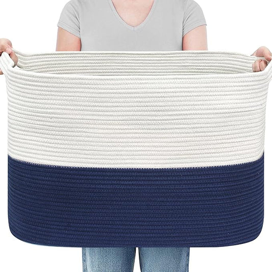 MEGASKET 108L Super Large Blanket Basket, 25" x 16" x 16" Jumbo Rectangle Basket for Blankets Living Room, Woven Cotton Rope Pillow Holder Organizer, Oversized Kids Dog Toy Storage Bin Box, Dark Blue