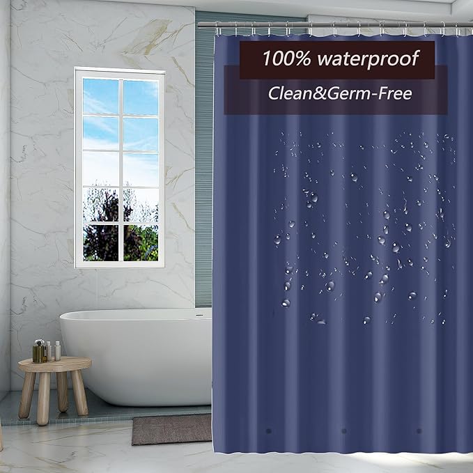 TIKABC Navy Blue Shower Curtain Liner, 4G PEVA Shower Liner, Plastic Waterproof Shower Curtains, 72x72 inch with Grommet Holes 3 Magnetic Weights