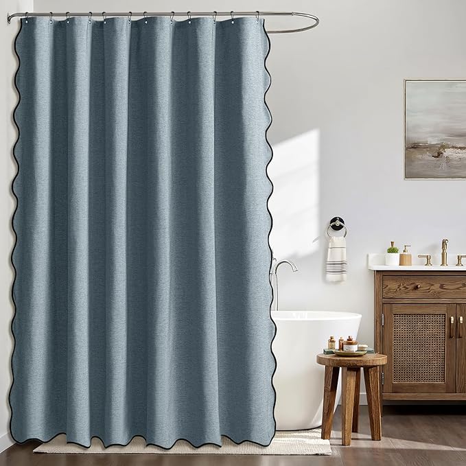 MIULEE Dusty Blue Scalloped Shower Curtain Linen Textured with 12 Metal Hooks Cute Heavy Duty Washable Waterproof Thick Cloth Shower Curtains with Black Border for Bathroom Hotel Bathtub,W72*L72
