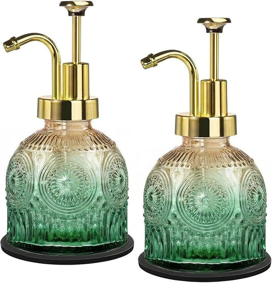 Amolliar 8 Oz Vintage Glass Bathroom Soap Dispensers with Pump, 2 Pack Refillable Kitchen Dish Soap Dispenser with Stripe, Antique Rustic Hand Soap Liquid Bottle (Green Gradient-Golden Pump)