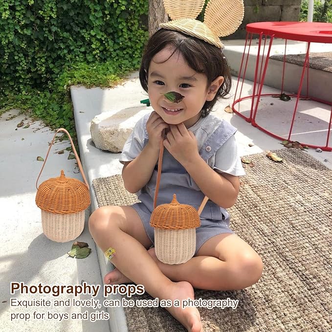 Hanging Baskets Rattan Storage Basket Handmade Photography Props Acorn Shaped Home Decorative for Girls Rattan Basket Bag Kids (Large Handbag)