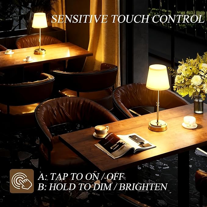 Cordless Table Lamp - 7500mAh Longest Lasting Battery Operated Lamp, 1 Pack Antique Brass Aesthetic Cozy Rechargeable Desk Lamp for Kitchen Counter, Dining Room & Restaurant Centerpiece
