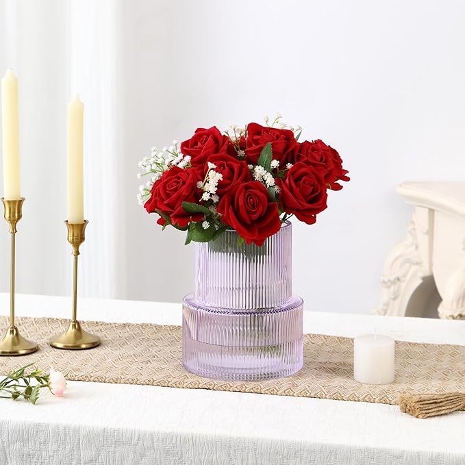 Ribbed Glass Vase, Flower Vase, Fluted Purple Vases for Flowers, Modern Vases for Living Room, Dining Table, Entryway, Shelf, Wedding, Office, Coffee Table, Birthday, 7.5 Inches