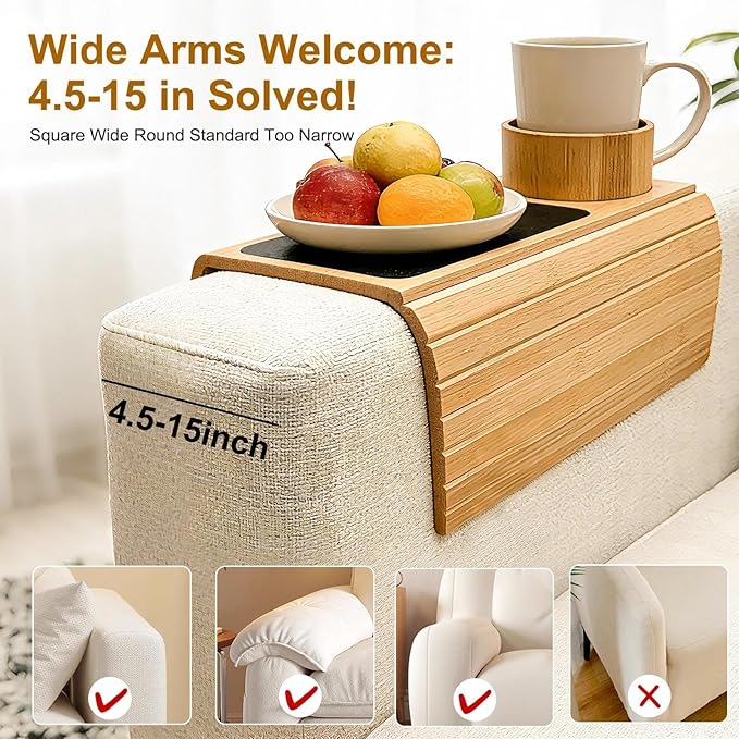 Couch Armrest Table with Cup Holder - Bamboo Couch Cup Holder 3-in-1 Magnetic Detachable, Anti-Slip Foldable Sofa Arm Tray for Drink, Snack, Coffee, Mugs, Remote, Cellphone, Cup (Natural)