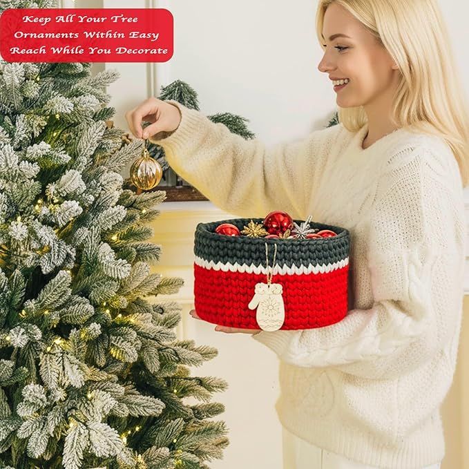 Handwoven Christmas Basket Fabric Christmas Gift Basket Empty with 2 DIY Wooden Tags – Foldable, Soft & Sturdy Holiday Storage Baskets Red Storage Bin for Ornaments, Toys, Snacks, Home Decoration