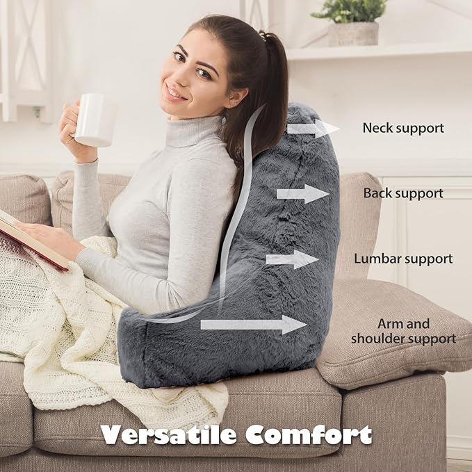 Reading Pillow, Back Support Pillow for Bed Sitting Up, Large Bed Rest Pillow with Arms for Adults,Back Support Pillow for Couch and Chair, Grey