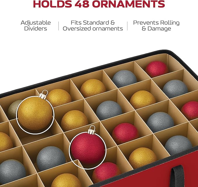 Large 128 Christmas Ornament Storage Box, Adjustable Compartment Dividers, Dual Zipper, Stackable Holiday Decorations Organizer with Lid, Xmas Durable Fabric Bin, Reinforced Handles Space-Saving (Red)