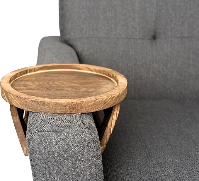 Couch Arm Table Tray – Sofa Armrest Tray Table in Paulownia Wood, Non-Slip Spring-Loaded Fit for Most Couch Arms, Holds Drinks, Remote, Phone | Rustic Brown