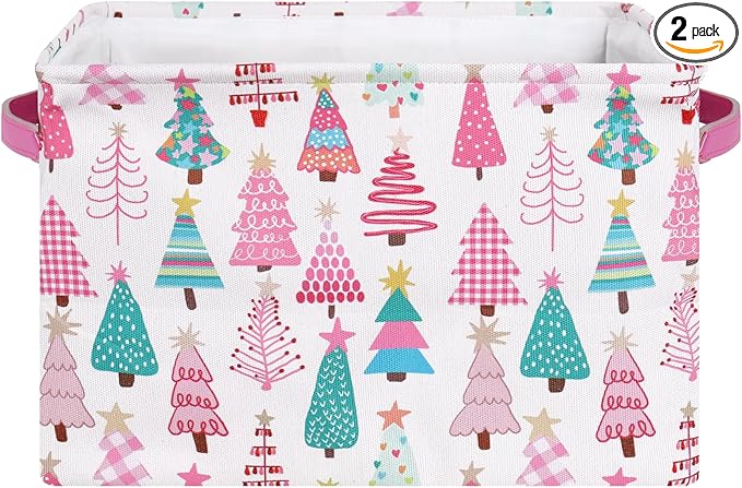 FYSUIMU 2 Pcs Christmas Storage Basket Pink Green Xmas Tree Storage Bins with Handles Rectangle Foldable Container Box for Home Office Nursery Laundry Shelf Closet Toy