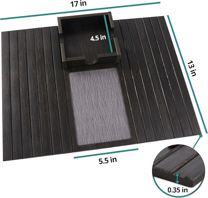 Detor Couch Cup Holder Tray with Super Anti-Slip Pad, Large 4.5" x 4.5" Organizer, Black-Stained Bamboo Finish, Enhanced Non-Slip Felt Base, Durable Bamboo Slats, Fits Armrests 5.5" and Wider