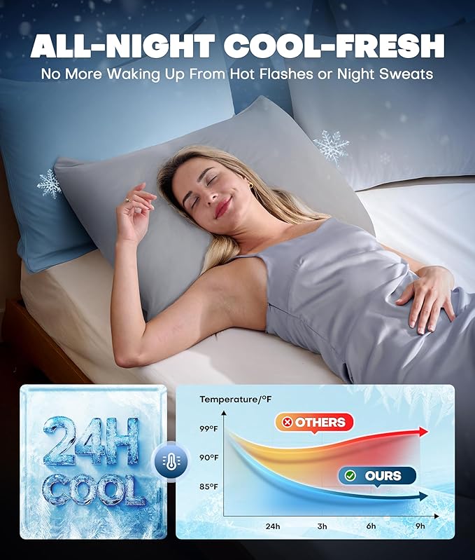 Ultra-Chill Cooling Pillowcase Set of 2 for Hot Sleepers, Softer Than Silk Pillow Cases for Protecting Hair & Skin, Breathable Bed Pillow Covers w/Zipper, Gifts for Women Men (Light Gray, Standard)