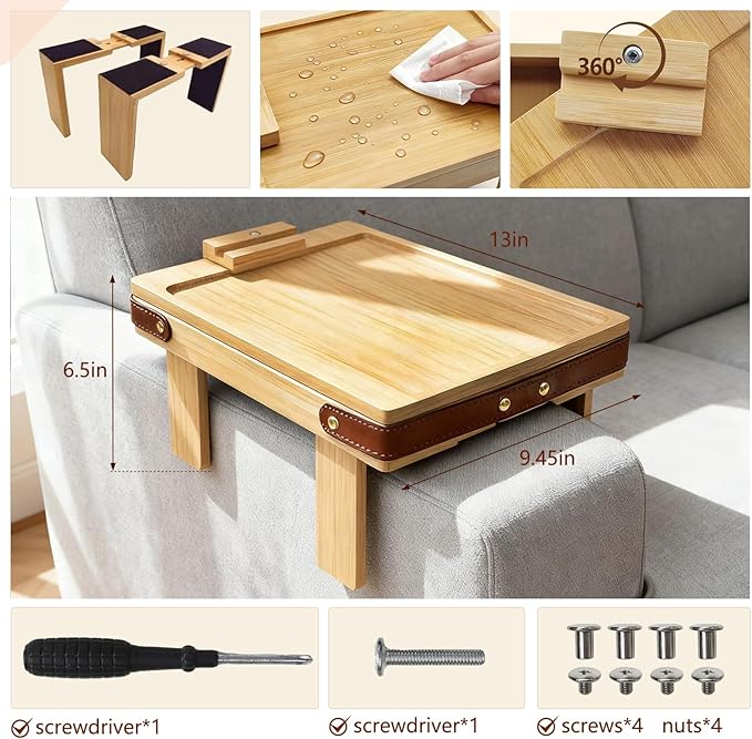 Couch Armrest Tray with Bamboo - Adjustable Sofa Arm Table with 360° Rotating Phone Holder and Hidden Storage Compartment for Snacks, Drinks, Remote, Fits Sofa Width of Armrest 5.5" - 9.8" (Natural)