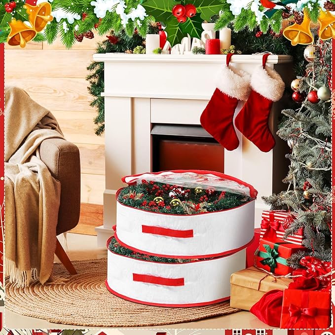 Aliceset 4 Pack Wreath Storage Containers, Ornament Garland Wreath Storage Bags with Handle Zipper Decorative Storages Box for Winter Valentine Wreaths(24 x 24 x 7.8 Inch,White)