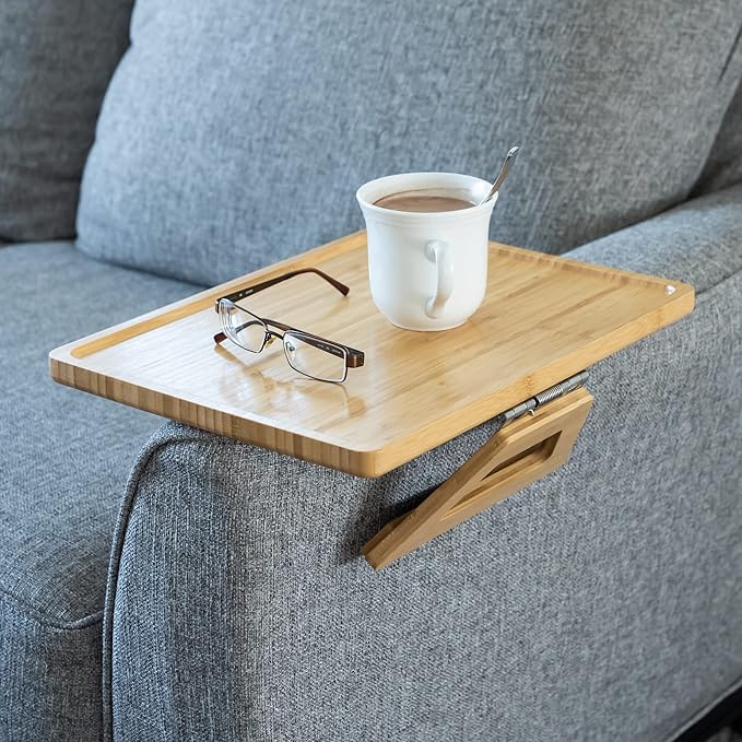 Shamrock Home Bamboo Trayble Couch Arm Table, Clip On Tray Sofa Table for Couches. Sofa Arm Tray for TV Dinners, Remotes, Drinks, Snacks and Small Spaces - 15.75 x 11inch, Beige