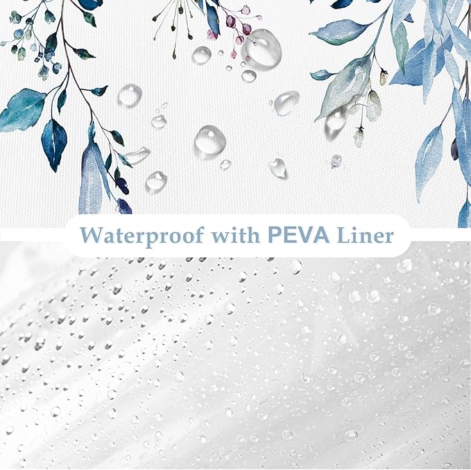 Gibelle 3 in 1 Shower Curtain Set, 72x72 Blue Eucalyptus Bath Curtain and PEVA Liner Set with 12 Metal Hooks, Waterproof Fabric Bathroom Curtain