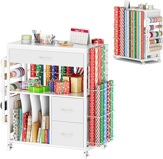 PUNLUXU Wrapping Paper Storage Cart, Rolling Gift Wrap Station with Ribbon and Gift Bag, Craft Organizer Holder, 03 MAX Patent Protected