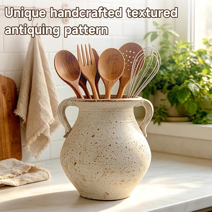 Rustic Kitchen Utensil Holder for Countertop, 7.6x4.9In Large Ceramic Cooking Utensil Crocks for Countertop, with non-slip pads, Morden Farmhouse Vintage Kitchen Counter Decor