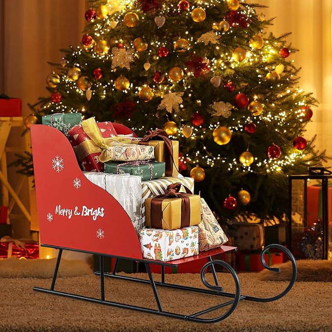 Metal Christmas Santa Sleigh Basket, Red Christmas Sleigh Decoration for Gift Storage, Santa’s Gift Sleigh for Holiday Displays, Festive Decorative Sleigh Cart for Indoor Outdoor Home Party