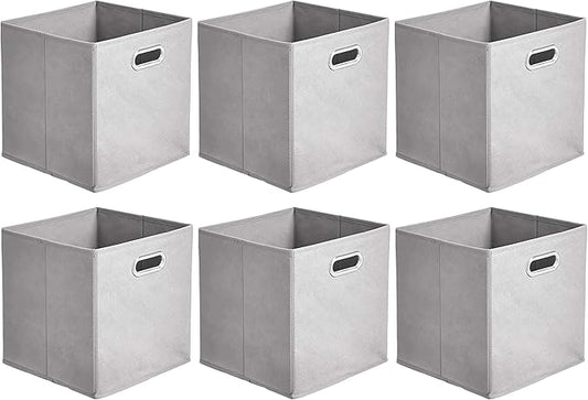 Amazon Basics Collapsible Cube Storage Bins, Space-Saving, Organizing Fabric Bins with Handles, 10.5 x 10.5 x 11 inches, Light Grey, 6-Pack