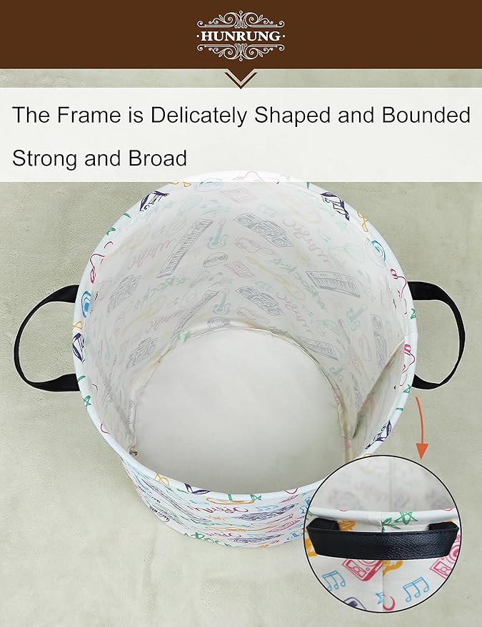 HUNRUNG Collapsible Fabric Storage Basket, Waterproof Laundry Hamper with Handles, Round Storage Bin for Clothes Toys, Foldable Organizer for Bedroom Nursery Bathroom(Round-Musical instrument)