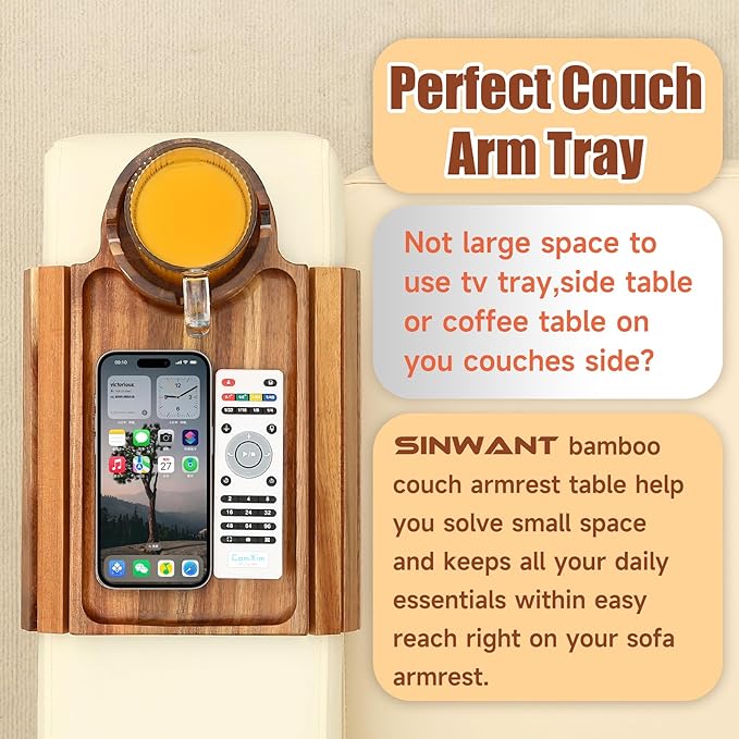 SINWANT Couch Cup Holder Tray,Acacia Wood Sofa Arm Clip on Tray Table with 360° Rotation Cup Holder,Foldable Anti-Slip Couch Armrest Table for Coffee Mug,Water Bottles,Snacks,Remote on Large Armrest
