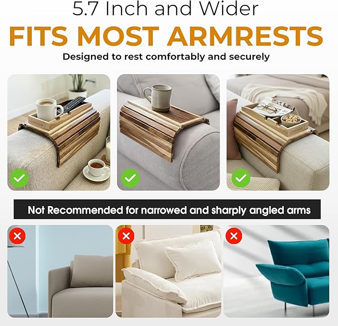 Couch Cup Holder Tray with 2 Cork Coasters, Caddy, Anti-Slip Foldable Armrest Sofa Tray, Anti-Spill Holder for Remote, Snacks, Cellphone - Ideal Gift (Acacia Wood)