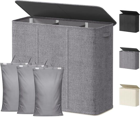 Lifewit Triple Laundry Hamper with Lid and Removable Laundry Bags, Large Collapsible 3 Dividers Dirty Clothes Basket with Handles for Bedroom, Laundry Room, Closet, Bathroom, College, 180L Light Gray
