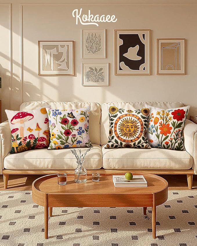 Embroidered Throw Pillow Cover 18x18 Inch - Spring Summer Boho Decorative Pillow Cover with Zipper for Living Room Couch Sofa Bed Aesthetic Design Little Cherry Cushion Pillowcase