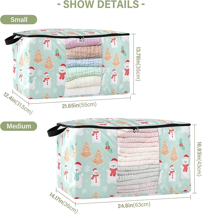 Burbuja 2 Pack Storage Bag Organizer with Handles for Clothes, Blankets, Bedding, Snowmen Tree Foldable Storage Bag with Zipper & Clear Window, 95L