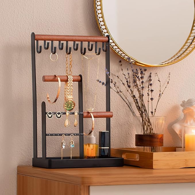 ProCase Jewelry Stand Holder Organizer, 4-Tier Necklace Holder with Ring Tray, 10 Hooks Necklaces Hanging Small Jewelry Display Storage Tower Tree for Bracelets Earrings Watches -Medium, Black
