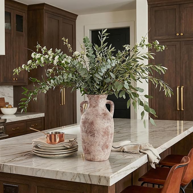 Ceramic Flower Vase with Handles,12" Neutral Tall Clay Terracotta Vases Farmhouse Table Vases with Handle Living Room Decor Rustic Pottery Pots for Home Shelf Coffee Dining Desk Fireplace