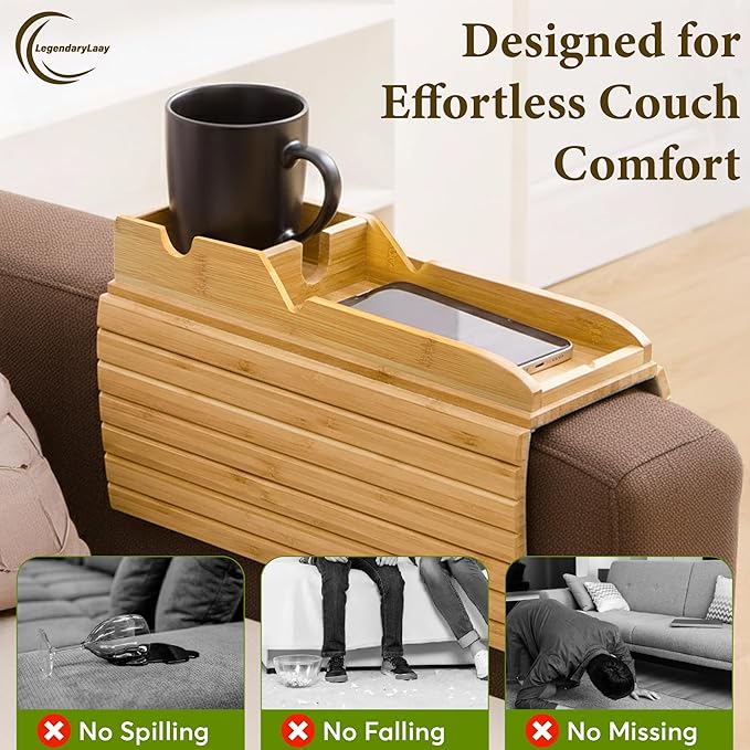 Couch Cup Holder & Bamboo Armrest Tray – Foldable Non-Slip Sofa Arm Table for Drinks, Snacks, Remote Control & Phone