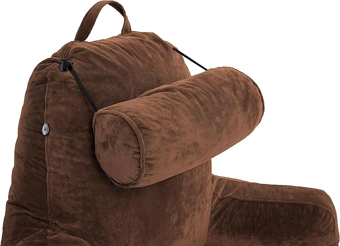 Husband Pillow XXL The Original for Adults - 30" Tall Backrest for Sitting Up in Bed - Firm Support Reading & Bed Rest Pillows for Adults, Neck Roll, Removable Cover - TV - Chocolate