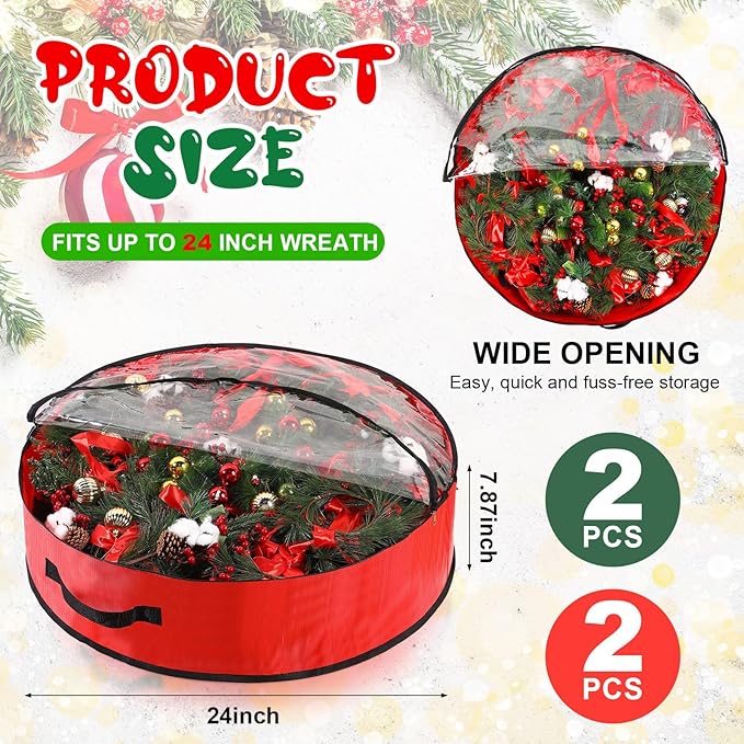 Aliceset 4 Pack Wreath Storage Containers, Ornament Garland Wreath Storage Bags with Handle Zipper Decorative Storages Box for Winter Valentine Wreaths(24 x 24 x 7.8 Inch,Red, Green)