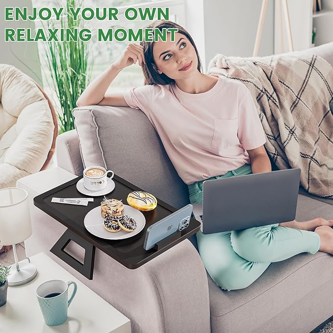 Youpehom Bamboo Sofa Tray,Couch Arm Table, Clip-On Armrest Tray Table for Wide Couch Foldable Tray with 360° Phone Holder Couch Arm Tray for Eating/Drinks/Snacks/Remote