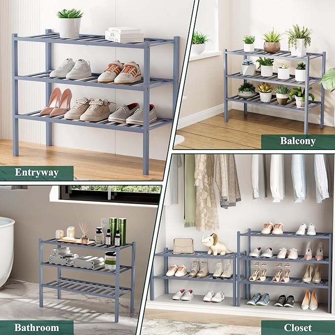 Smiry Shoe Rack, 3 Tier Long Bamboo Shoe Organizer, Stackable Free Standing Wooden Shoe Storage Shelf for Closet, Entryway, Front Door Entrance, Grey