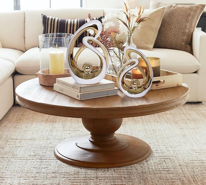 2 PCS White Gold Decor Accent Ceramic Statue White Mid Century Modern Home Decor Accents Sculpture Decorations Centerpieces for Living Room Bookshelf Shelf Coffee Table Kitchen Office Dining Table