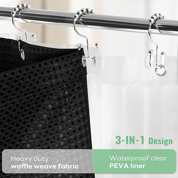 Dynamene Extra Wide Shower Curtain and Liner Set - 180 inch Wide Waffle Fabric, Waterproof Clear Liner, Heavy Duty Weighted Hotel Luxury Cloth Shower Curtains for Bathroom with 32 Hooks, 180x72, Black